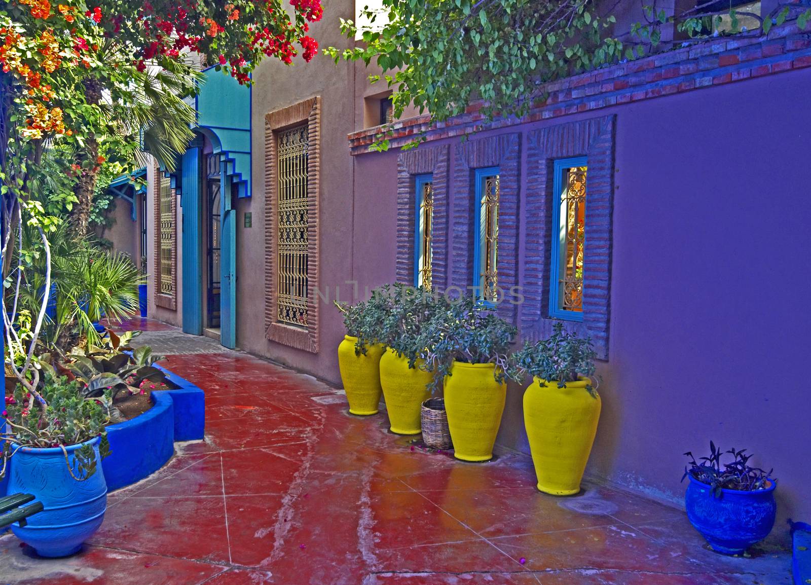 A view of a Colourful terrace with yellow pottery containers in a decorative  garden in Marrakech 