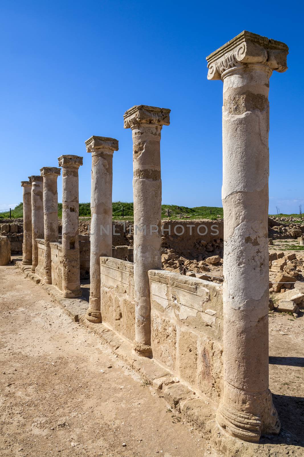 Travel Destination showing  an Ancient Roman Columns building ruin at Paphos Cyprus