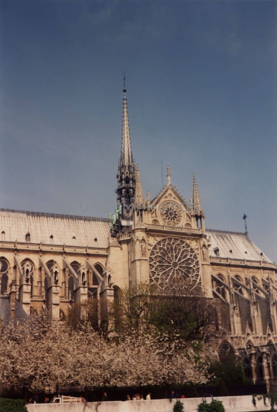 Vintage view circa 1992 of Notre Dame de Paris (meaning Our Lady of Paris) cathedral church in Paris, France