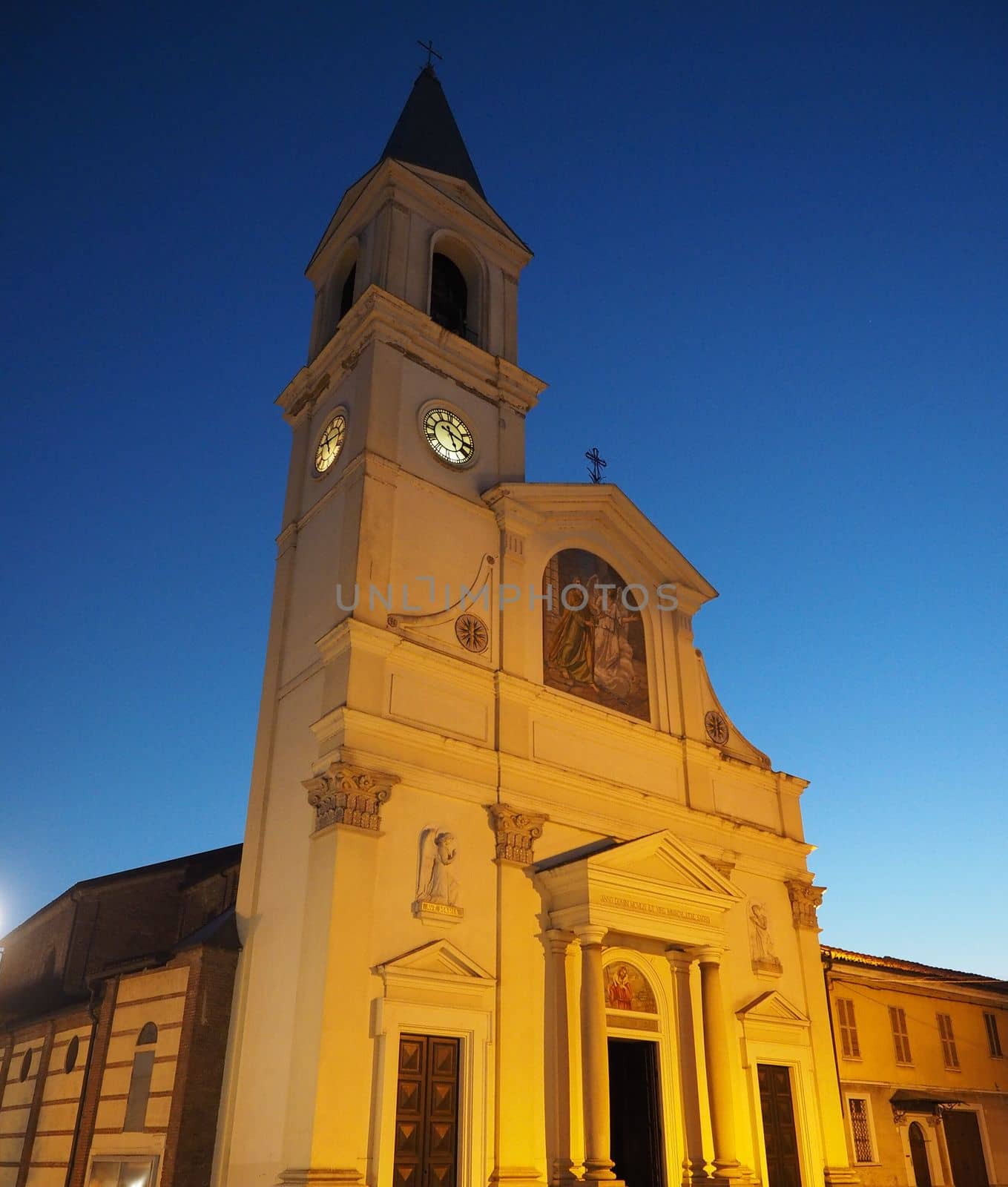 San Pietro in Vincoli (meaning St Peter in Chains) church at night in Settimo Torinese, Italy