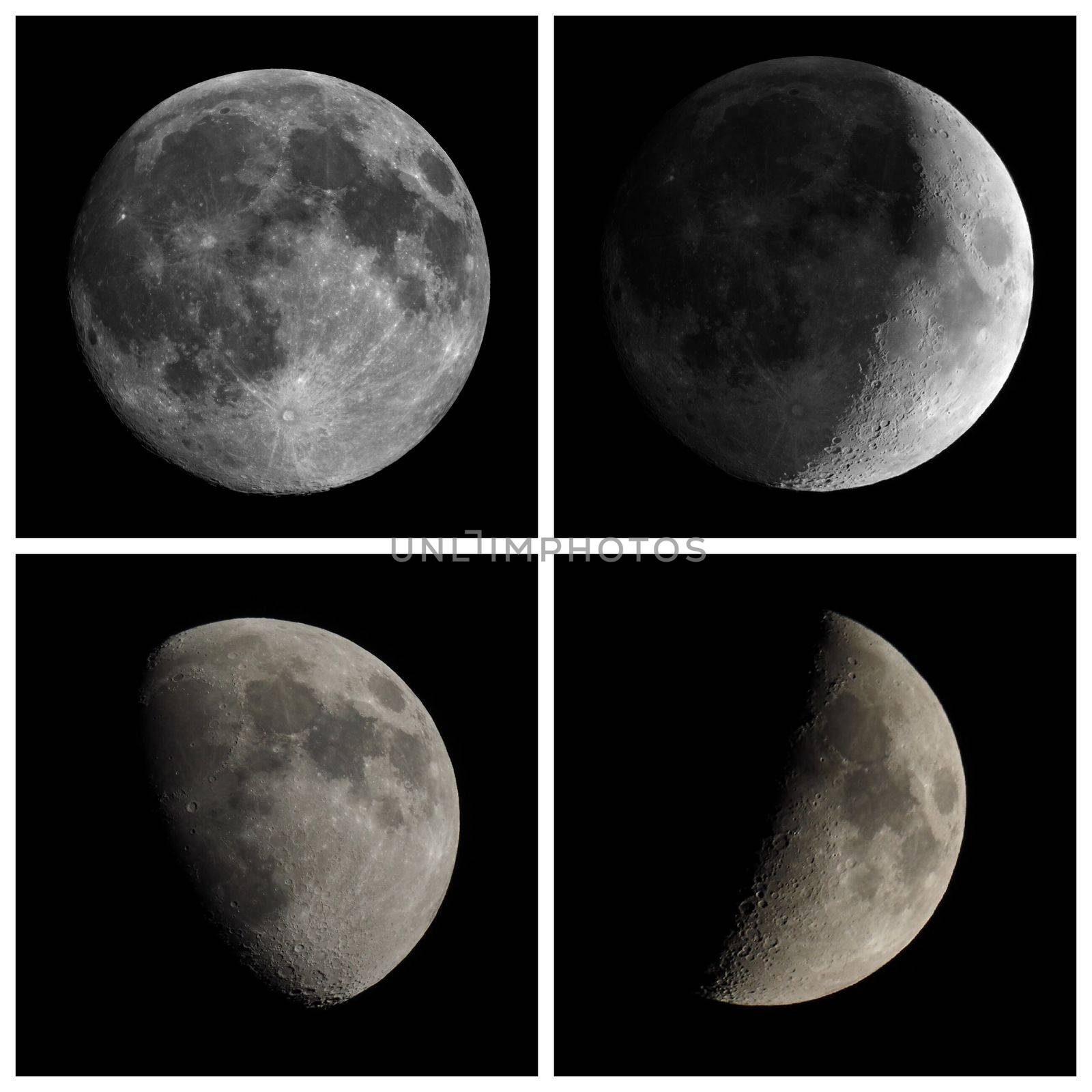 Collage of four moon phases seen with an astronomical telescope