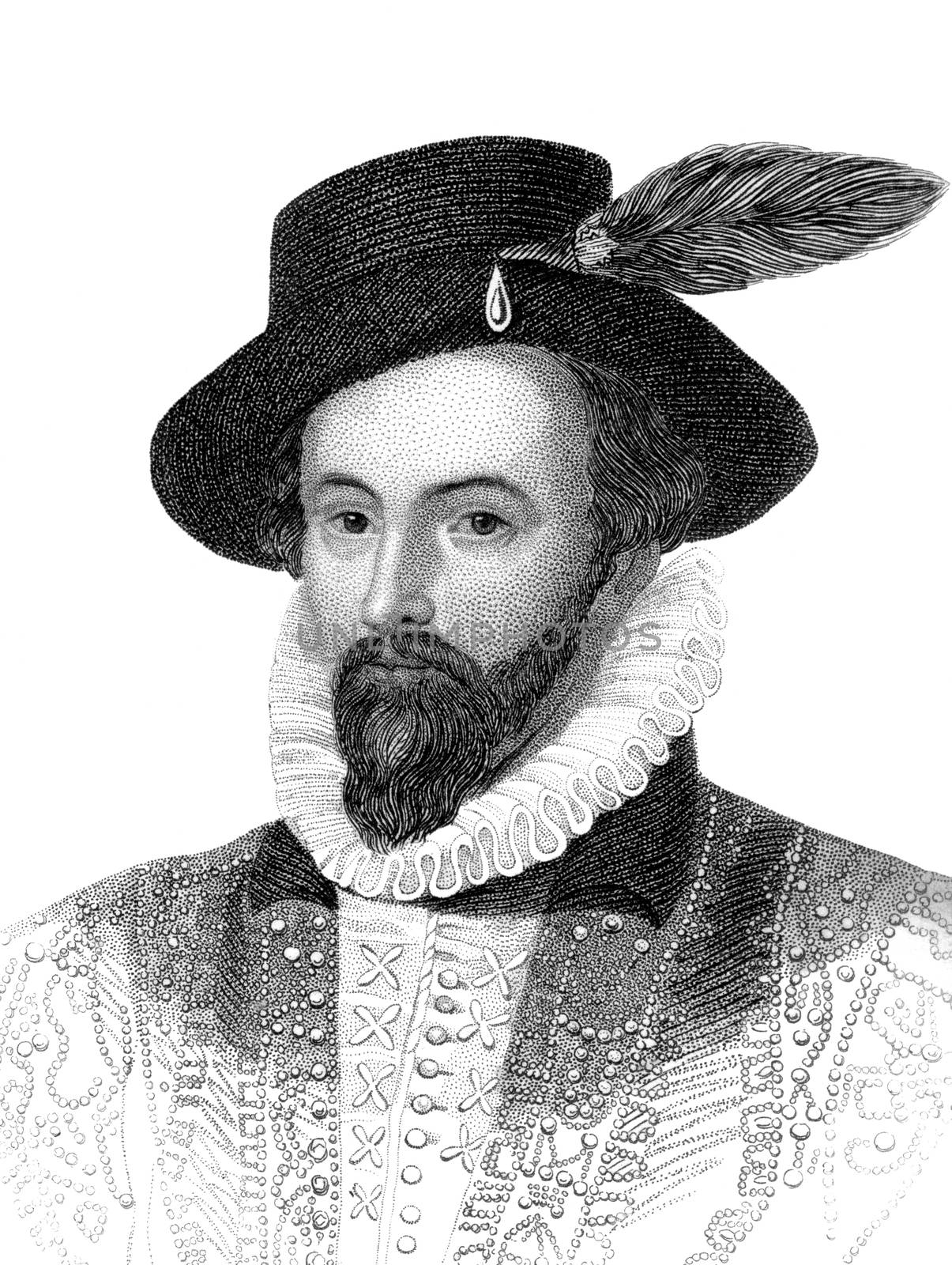 An engraved vintage illustration portrait image of Sir Walter Ra by ant