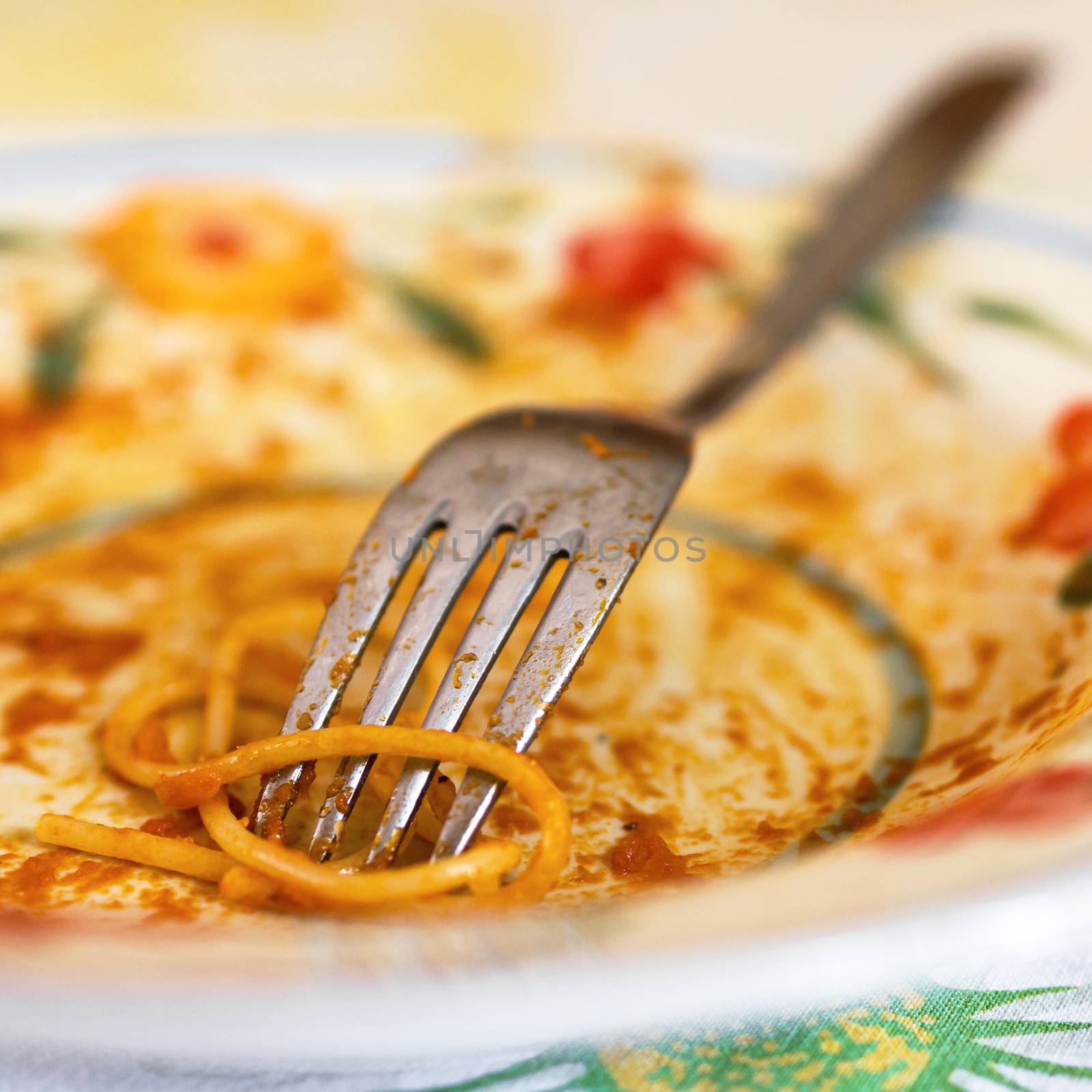 Empty plate with fork after eaten Spaghetti. Defocused blurry background.