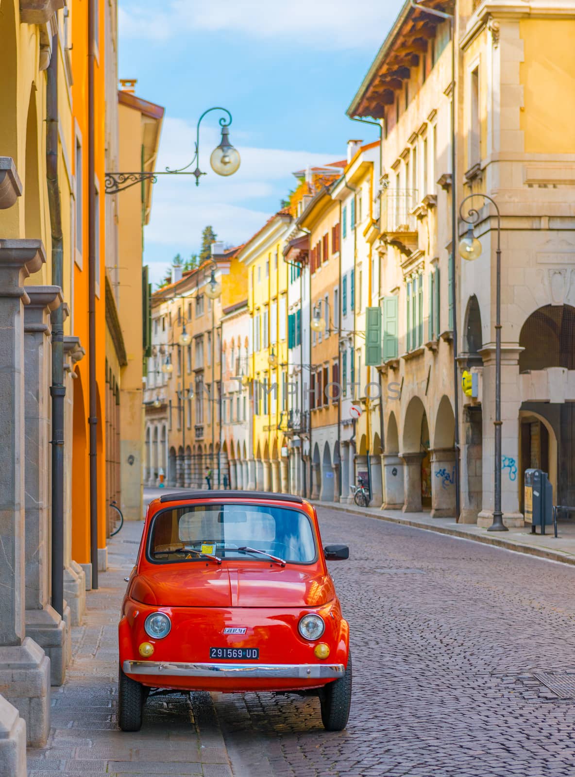 Udine - March 2016, Italy: Vintage Fiat 500 parked on the street of the old Italian city of Udine