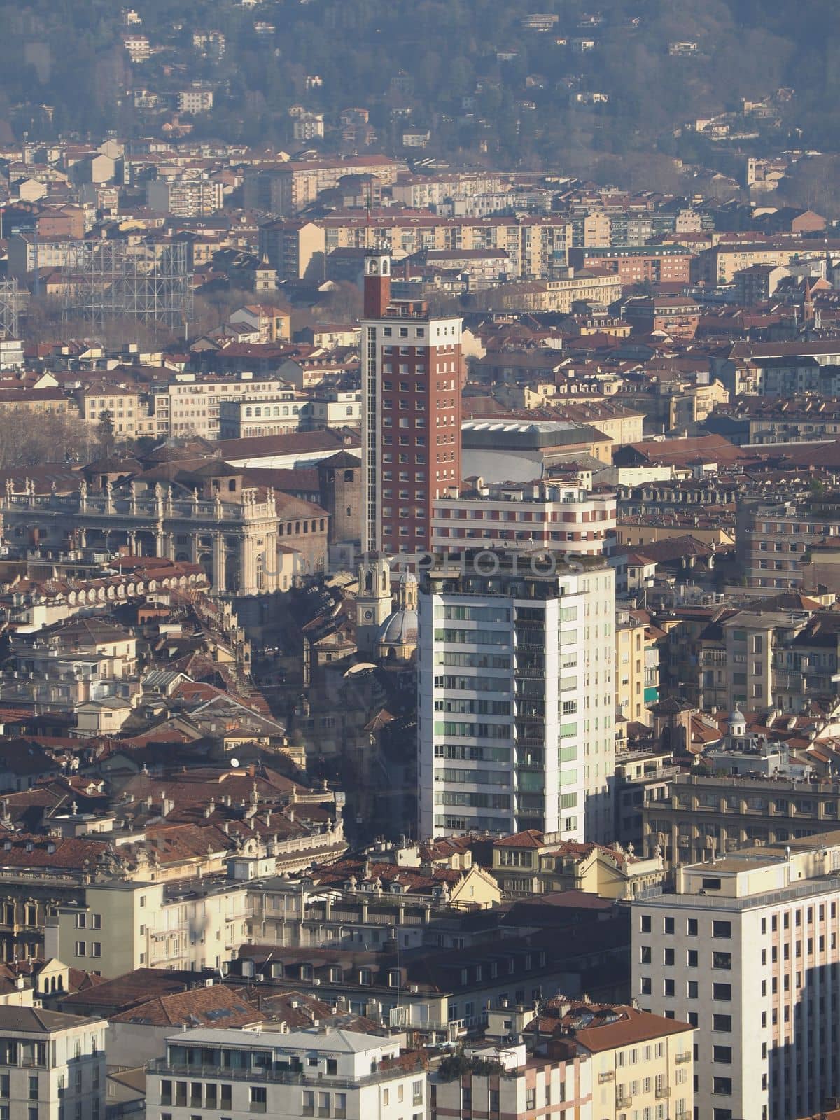 Aerial view of the city centre of Turin, Italy with Piazza Castello square