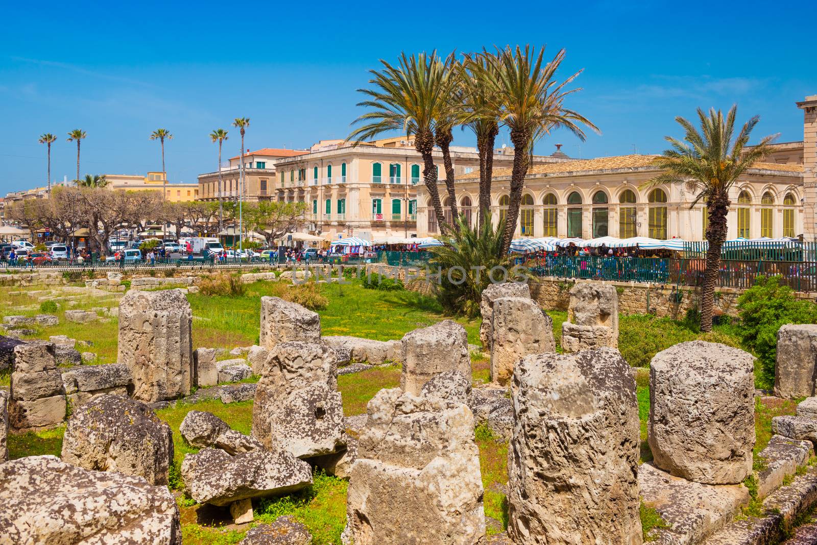 Syracuse - April 2019, Sicily, Italy: The Temple of Apollo in Ortygia Island (The Historical center of Syracuse)