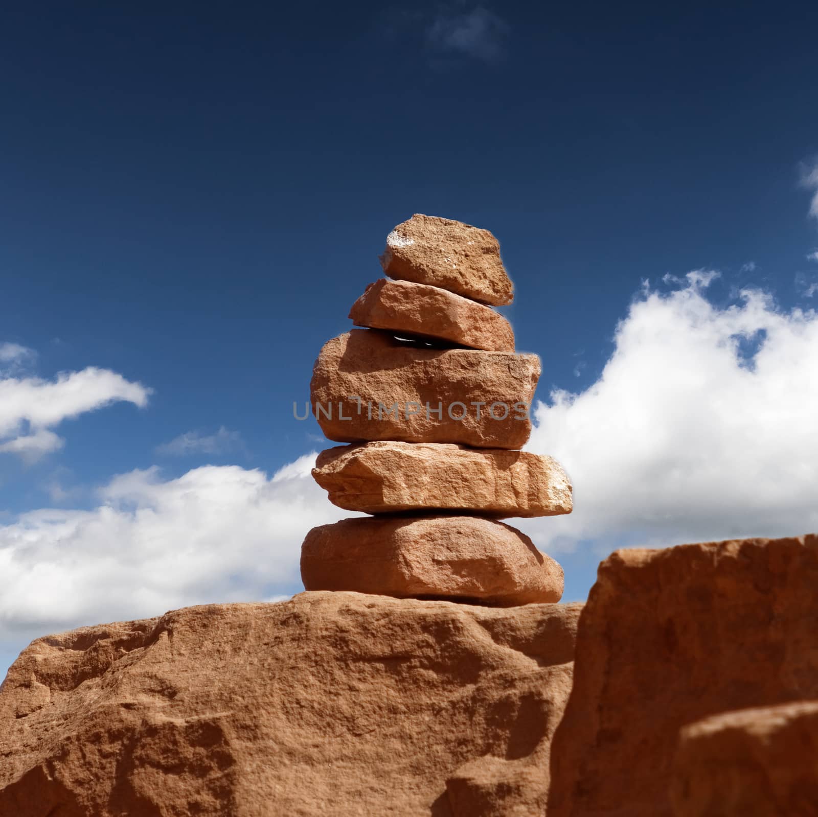 Signposts made of stacked stones from sandstone in the Wadi Rum Nature Reserve, Jordan, desert