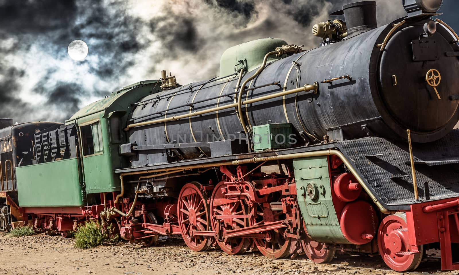Alienated photograph of the steam locomotive of Wadi Rum in Jordan with a dramatic background, middle east