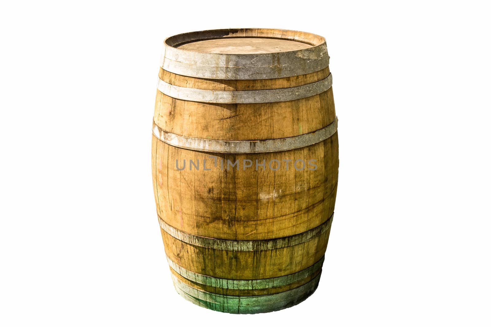Exemplary old wooden barrel with iron rings and fixtures in front of a white clear background, isolated