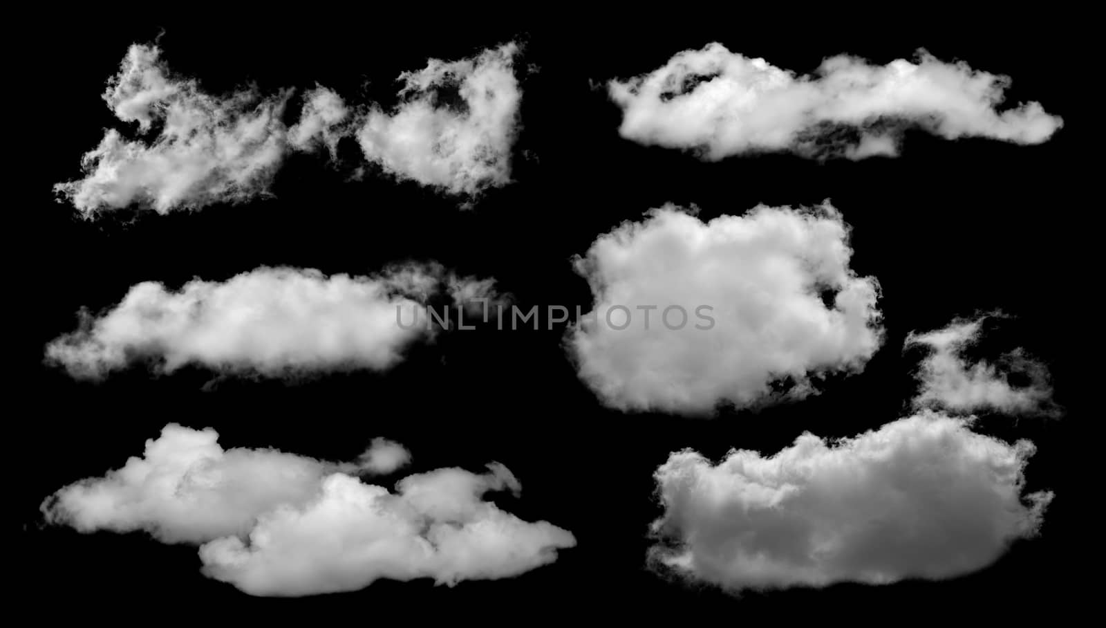 Set of White clouds isolated on black background.