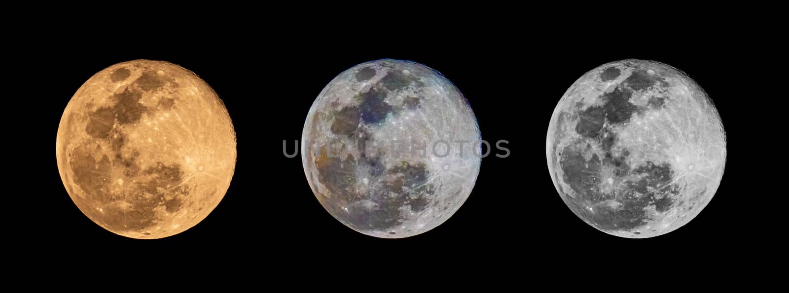 Set of Moon isolated on black background. Full pink and white moon on sky at night.
