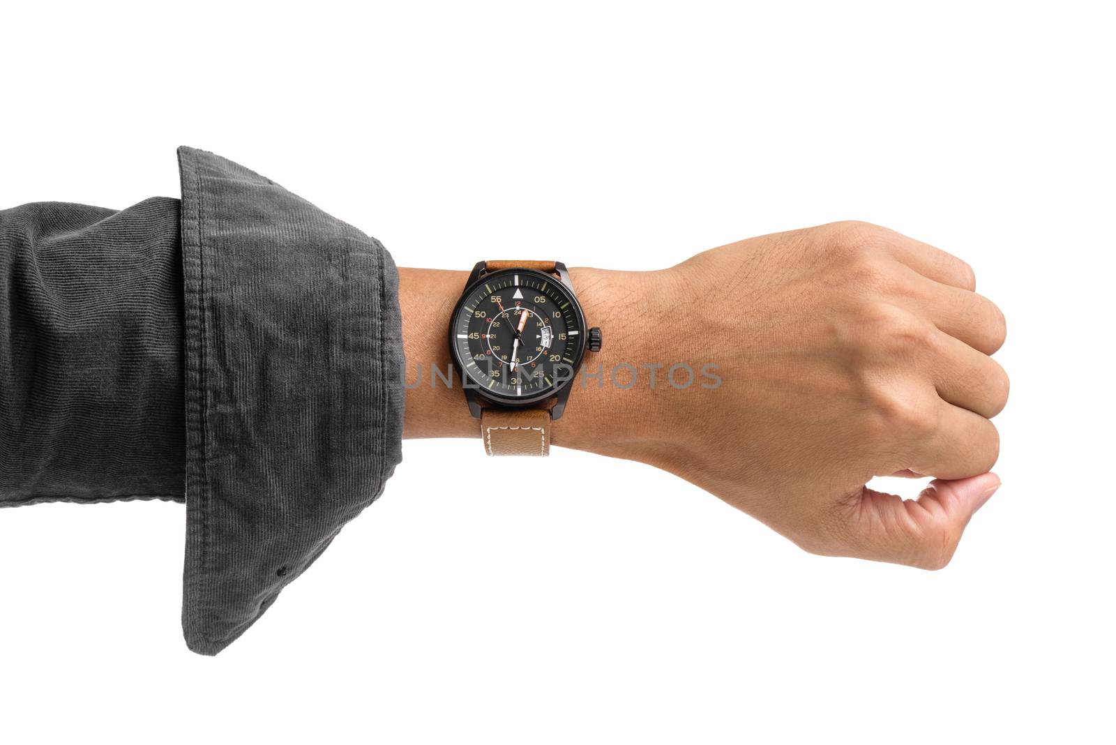 luxury watch on man's wrist over white background