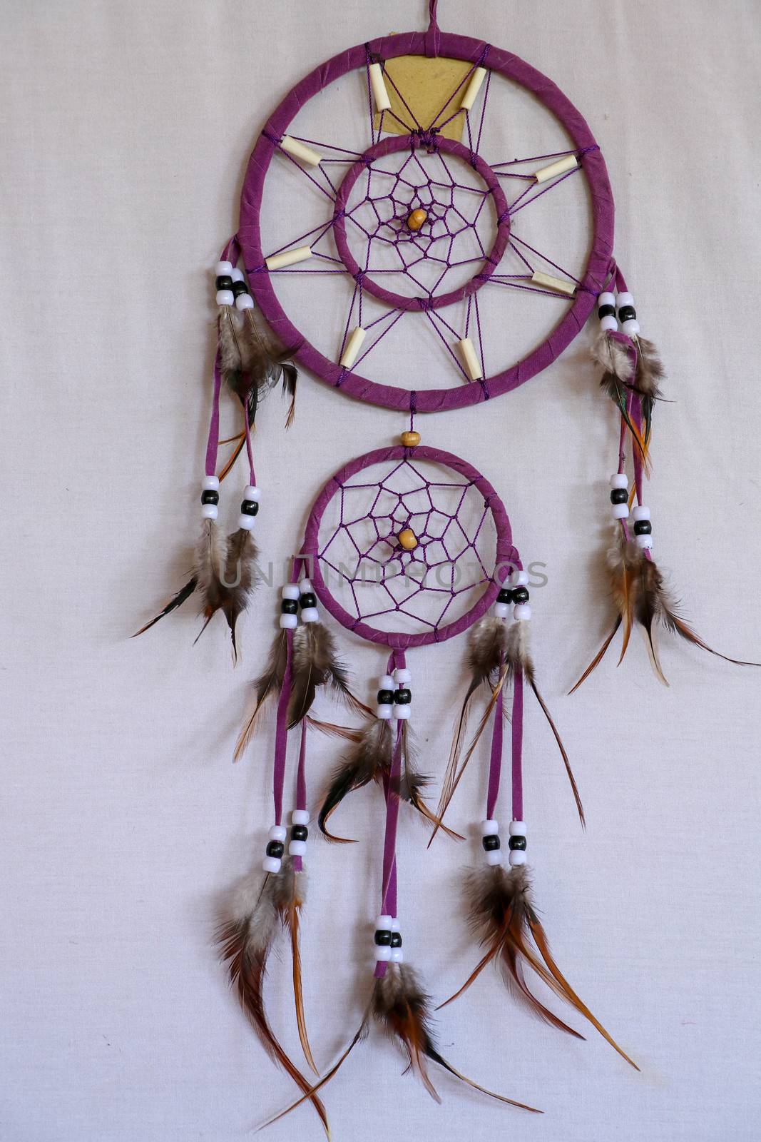 Red black and purple Dreamcatcher with bat made of feathers leather beads and ropes, hanging on the white background.