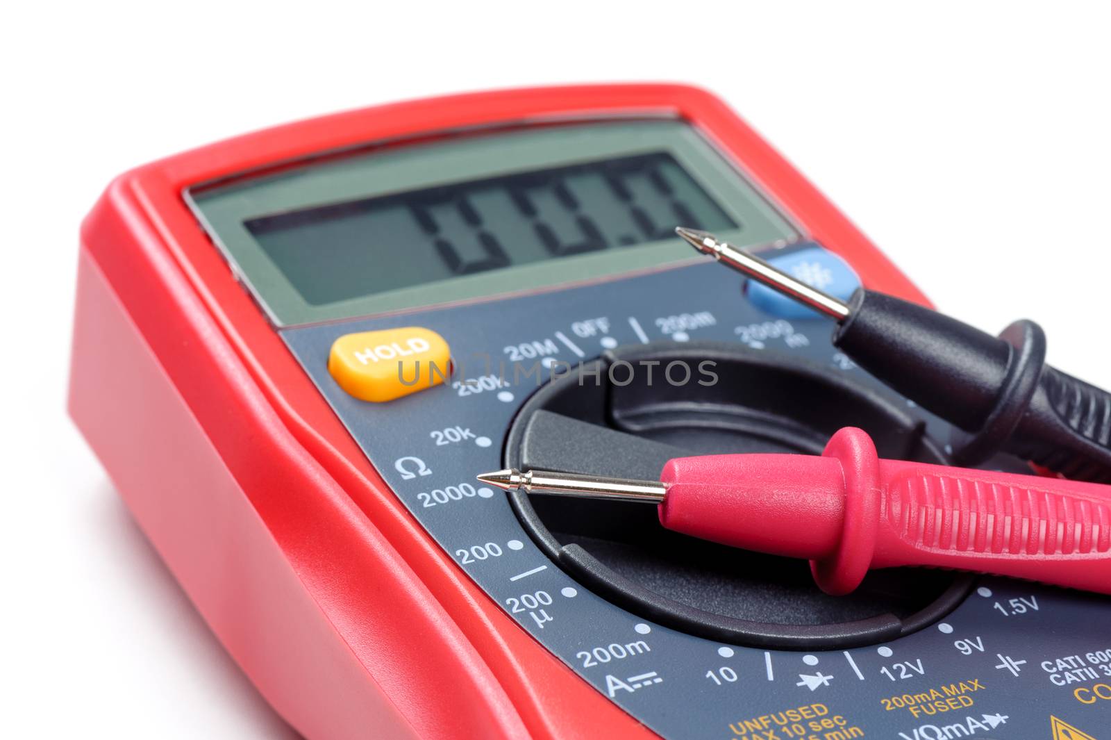 digital multimeter or multitester or Volt-Ohm meter (closeup at test leads), an electronic measuring instrument that combines several measurement functions in one unit.