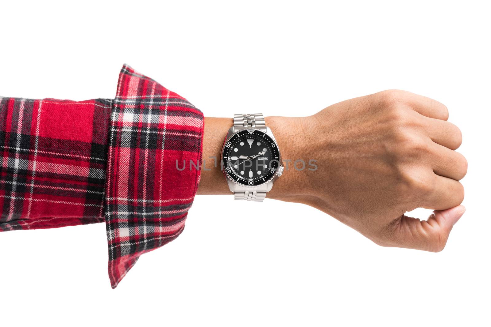 luxury watch on man's wrist over white background