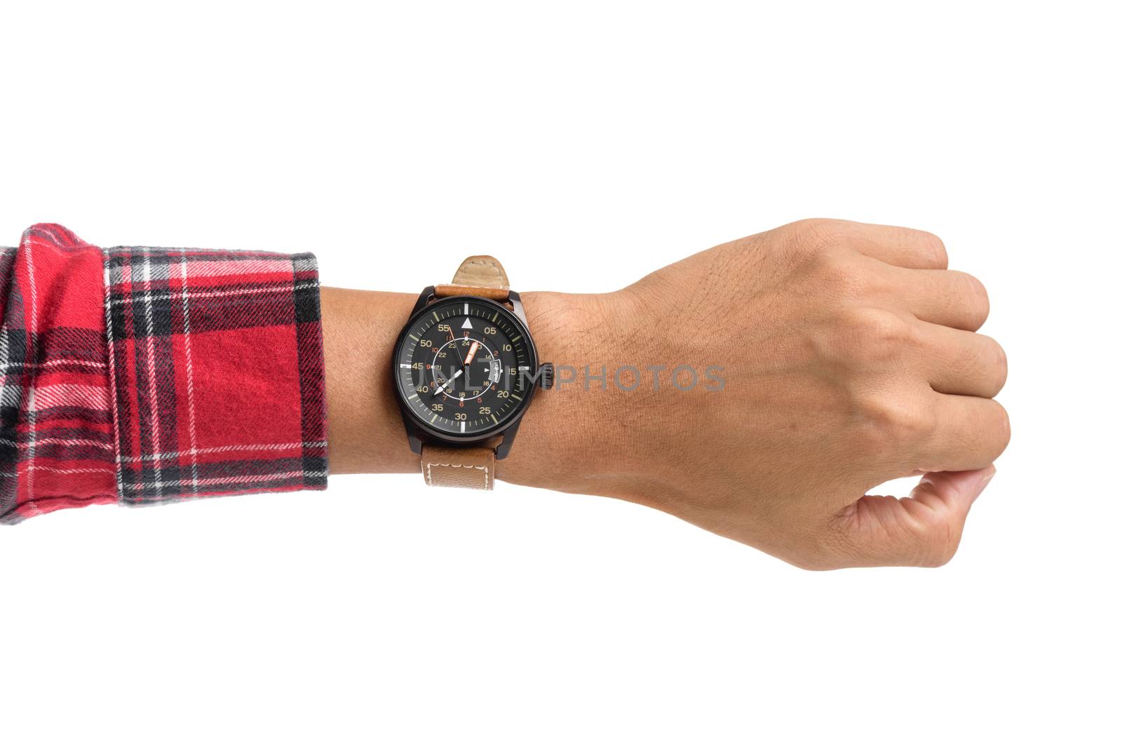 luxury watch on man's wrist over white background