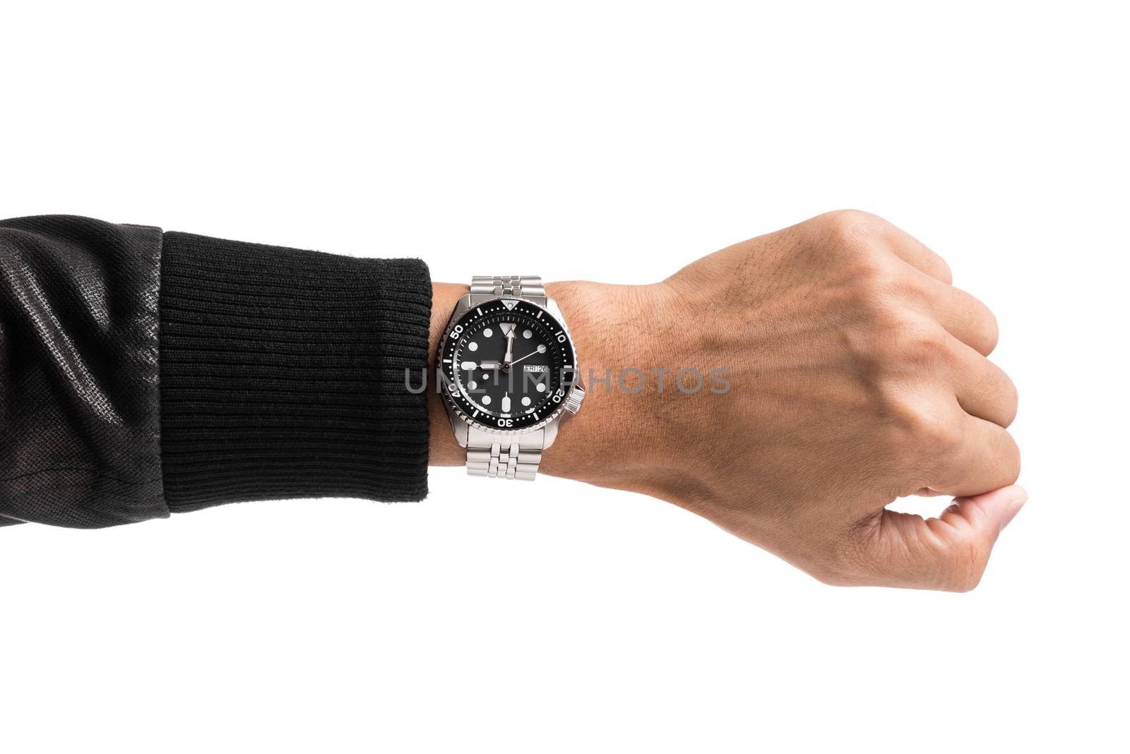 luxury watch on man's wrist over white background