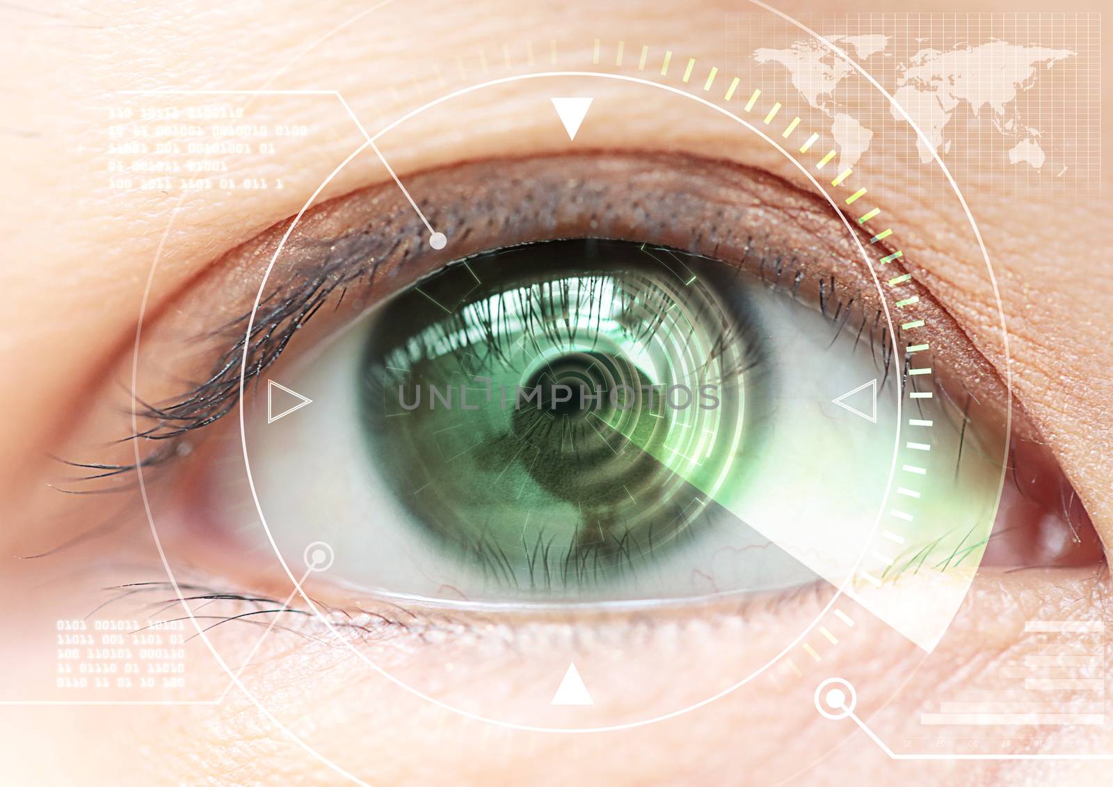 Close up women eye scanning technology in the futuristic, operat by jayzynism