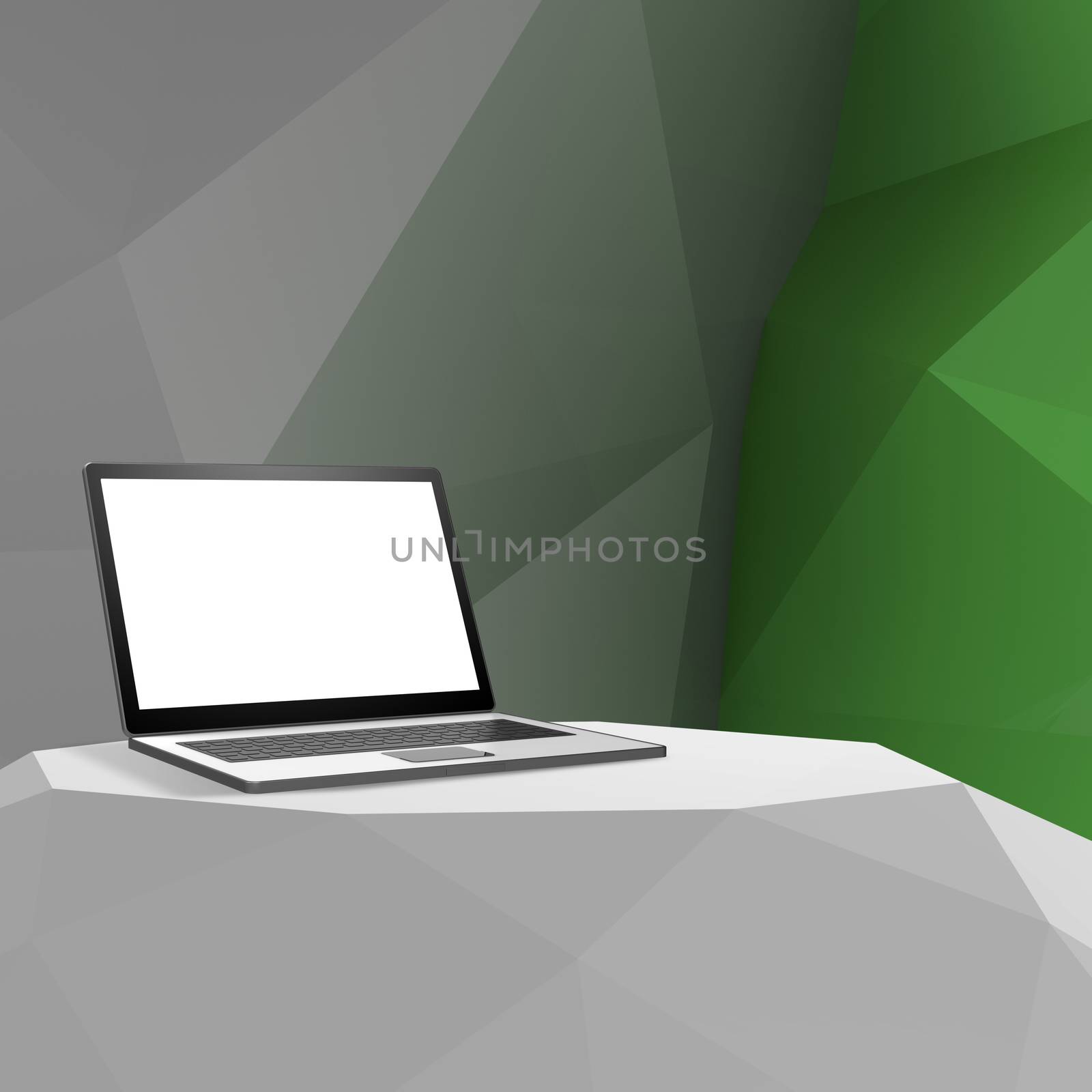 Laptop with blank screen on laminate table and low poly geometric background