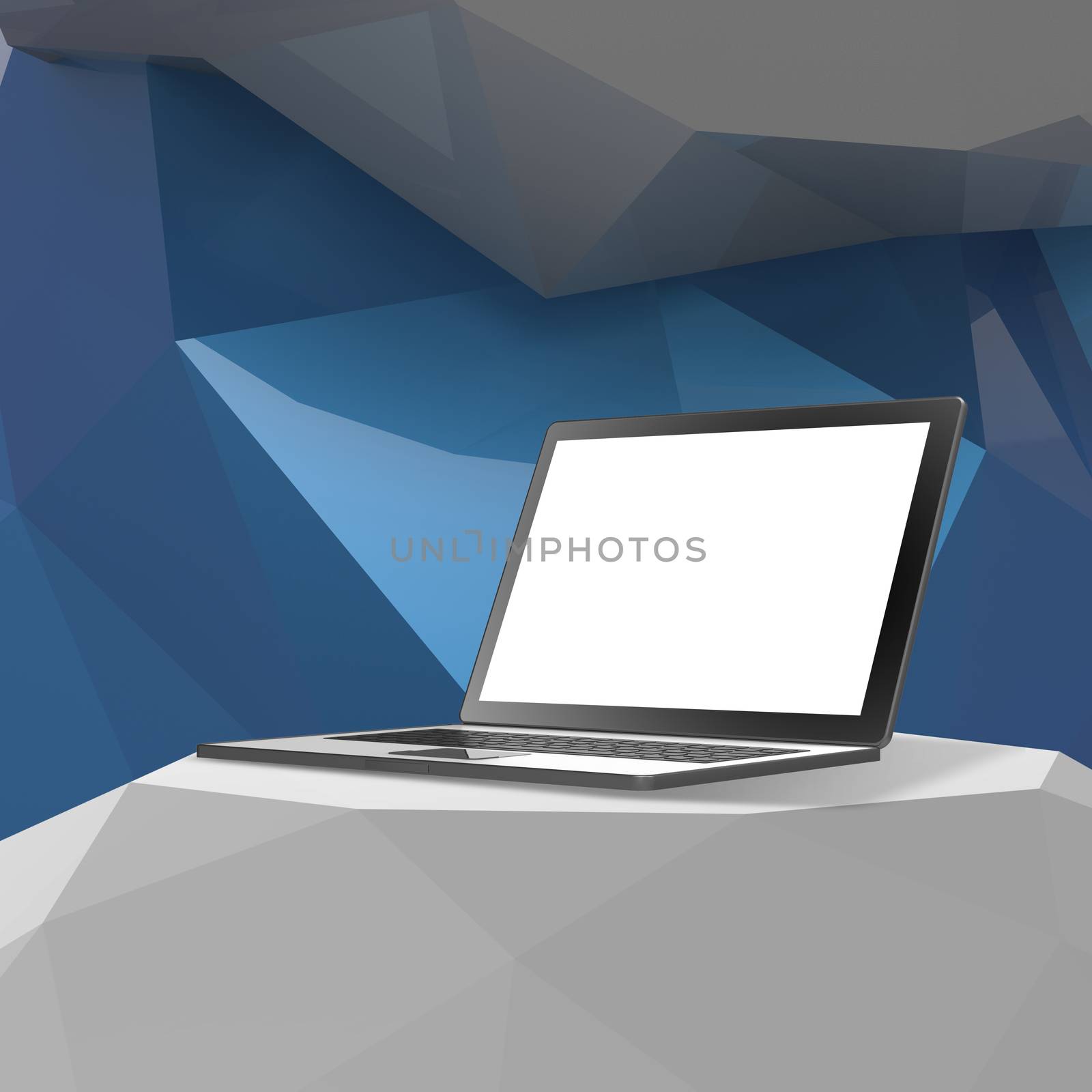 Laptop with blank screen on laminate table and low poly geometri by everythingpossible