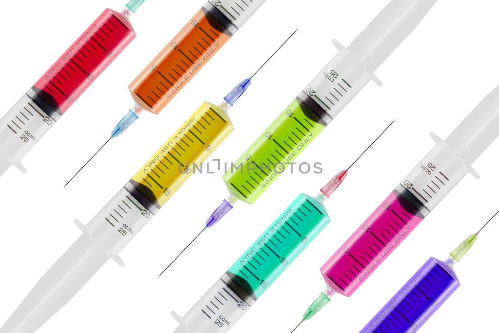 Syringe set colorful isolated white background. by jayzynism