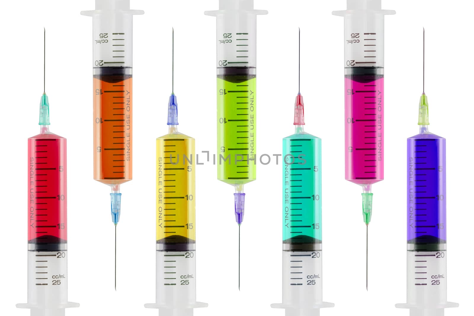 Syringe set colorful isolated white background.