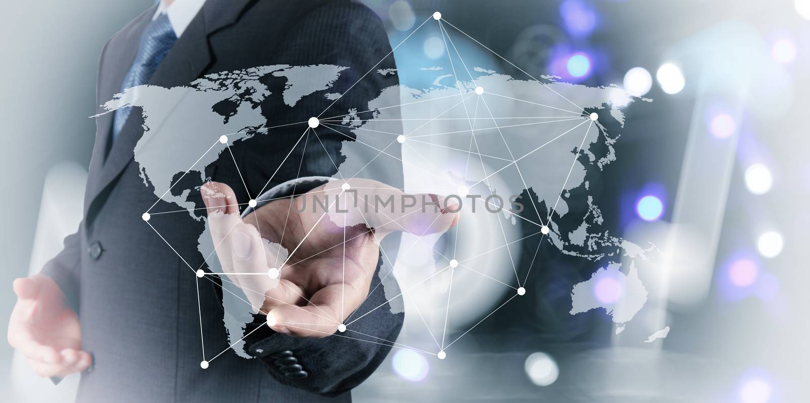 Double exposure of businessman working with new modern computer show social network structure as concept 