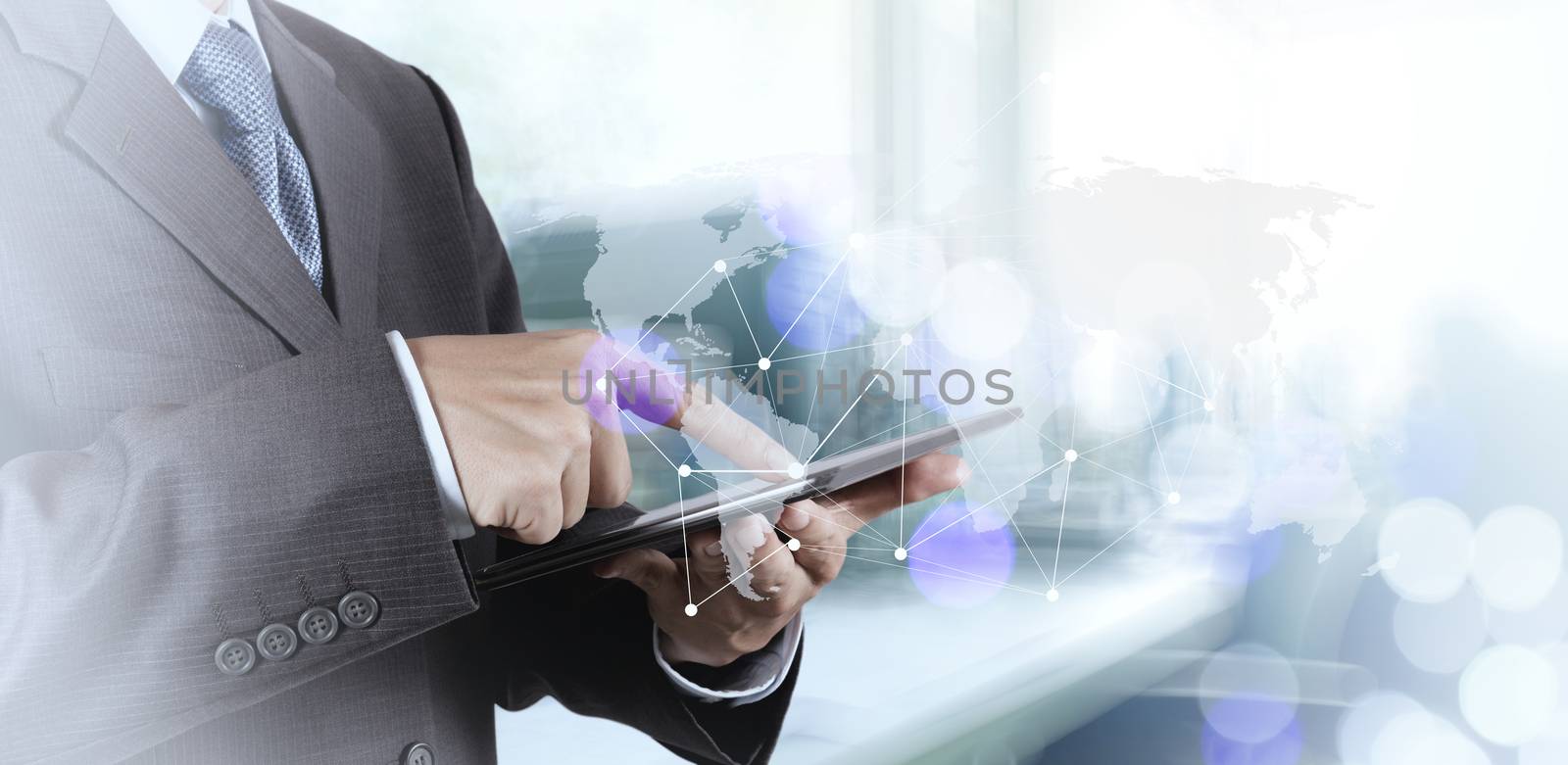 Double exposure of businessman working with new modern computer show social network structure as concept 