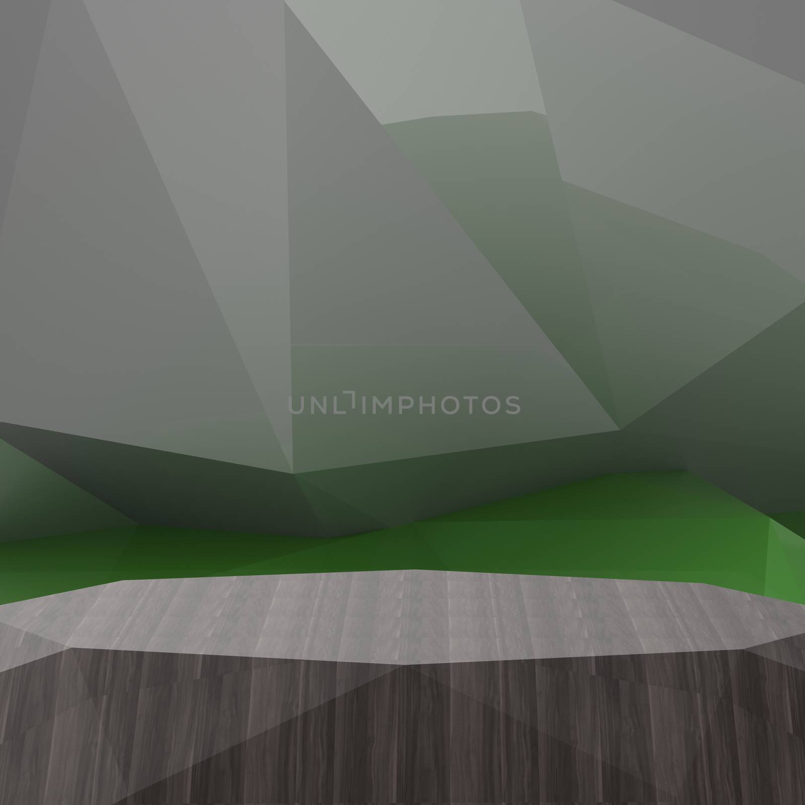 Empty low poly wooden shelf on laminate table and low poly geometric background