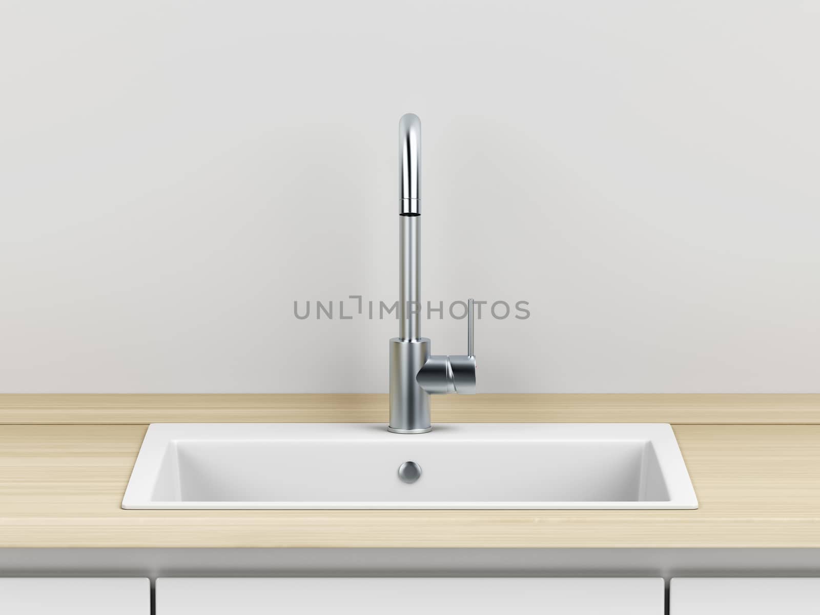 Silver faucet and white sink in the kitchen by magraphics