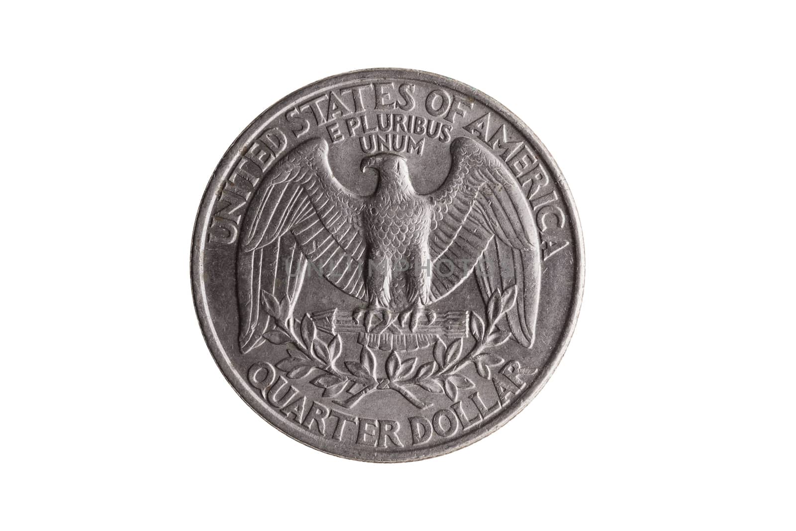 USA quarter dollar nickel coin (25 cents) reverse with a Bald Eagle with wings spread cut out and isolated on a white background