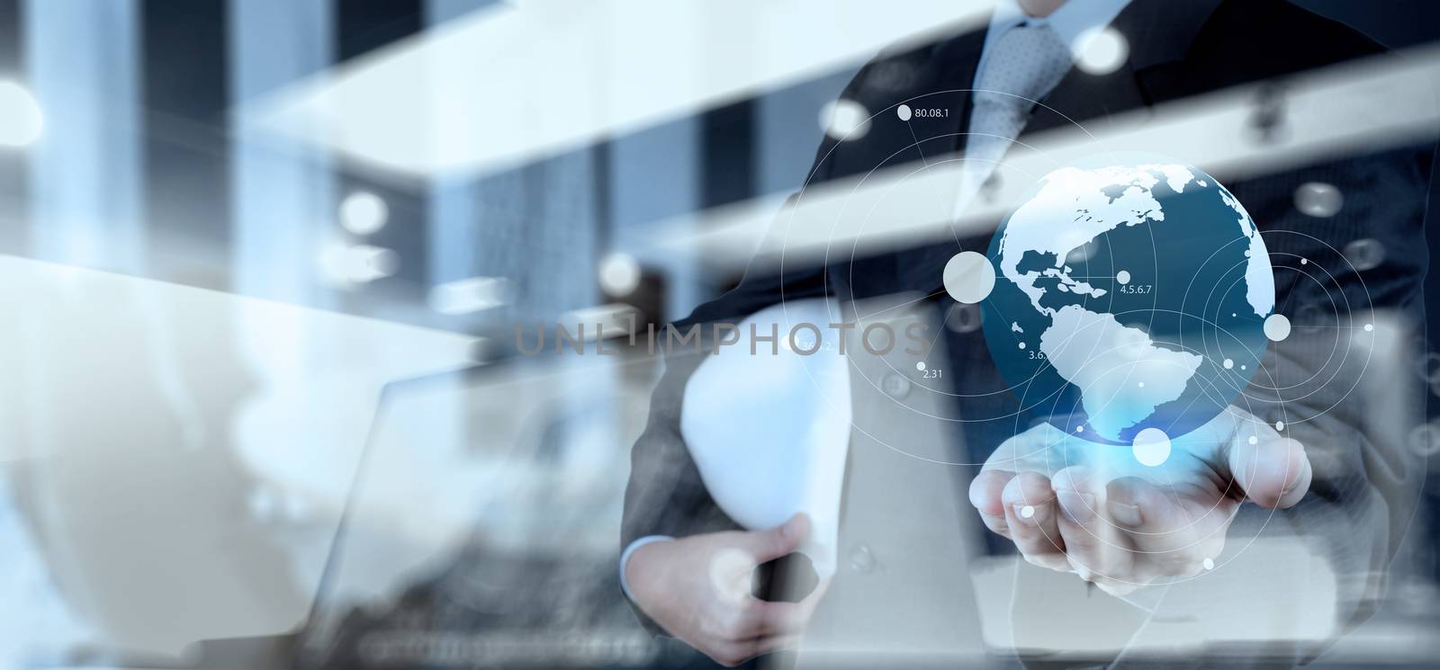 Double exposure of business engineer holding the earth and social network structure as concept