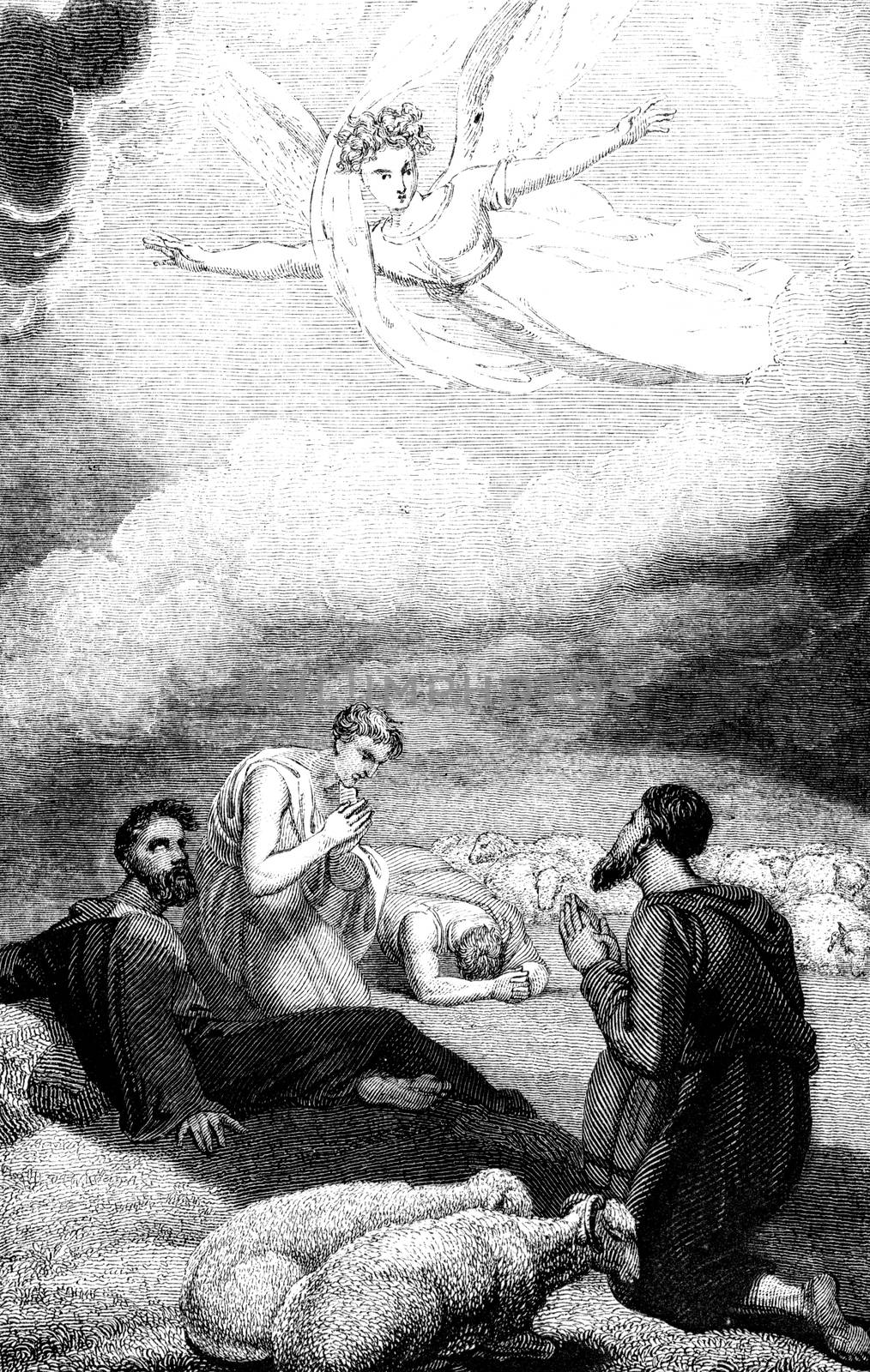 An engraved vintage illustration image of the annunciation to the shepherds of  the birth of Jesus Christ , by R. Westall from a Georgian book titled 'Illustrated to the Testament' dated 1836 that is no longer in copyright