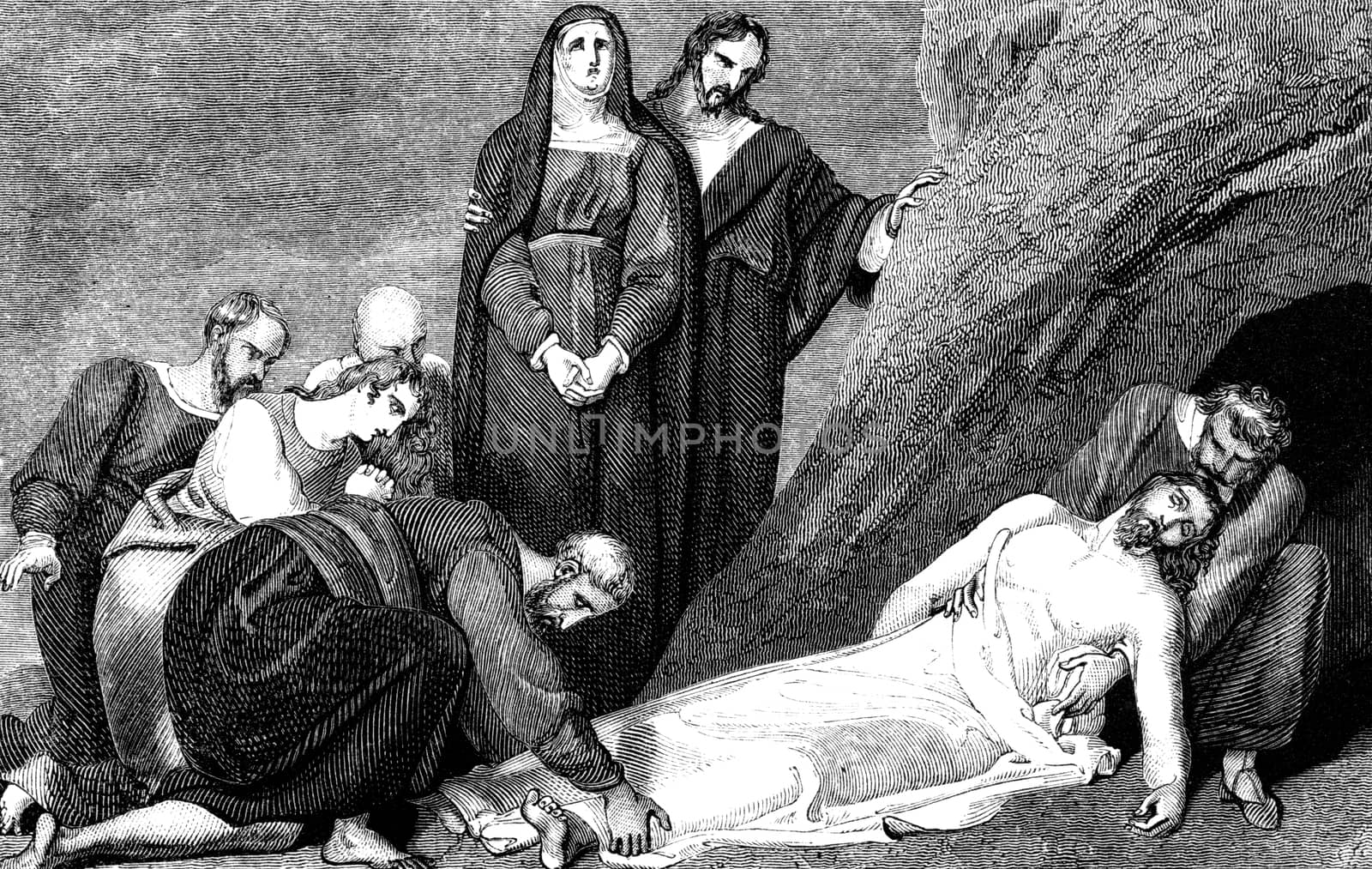 An engraved vintage illustration image of the entombment of Jesus Christ, by R. Westall from a Georgian book titled 'Illustrated to the Testament' dated 1836 that is no longer in copyright