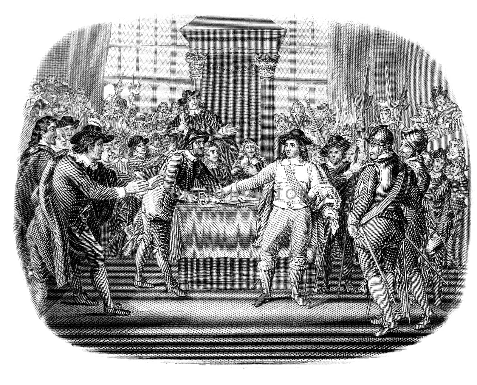 An engraved illustration image of  Oliver Cromwell dissolving the Long Parliament in England, UK, from a Victorian book dated 1868 that is no longer in copyright,