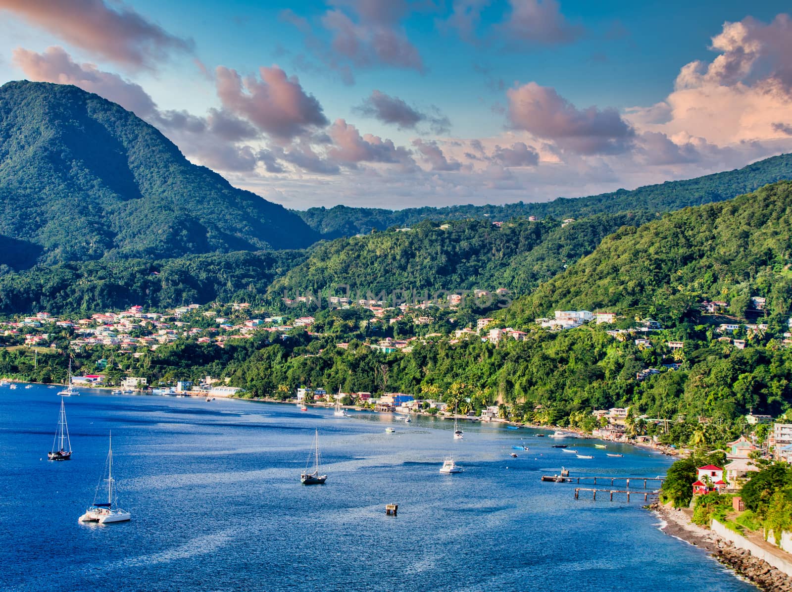 Blue Water and Green Hills of Rosseau Dominica by dbvirago