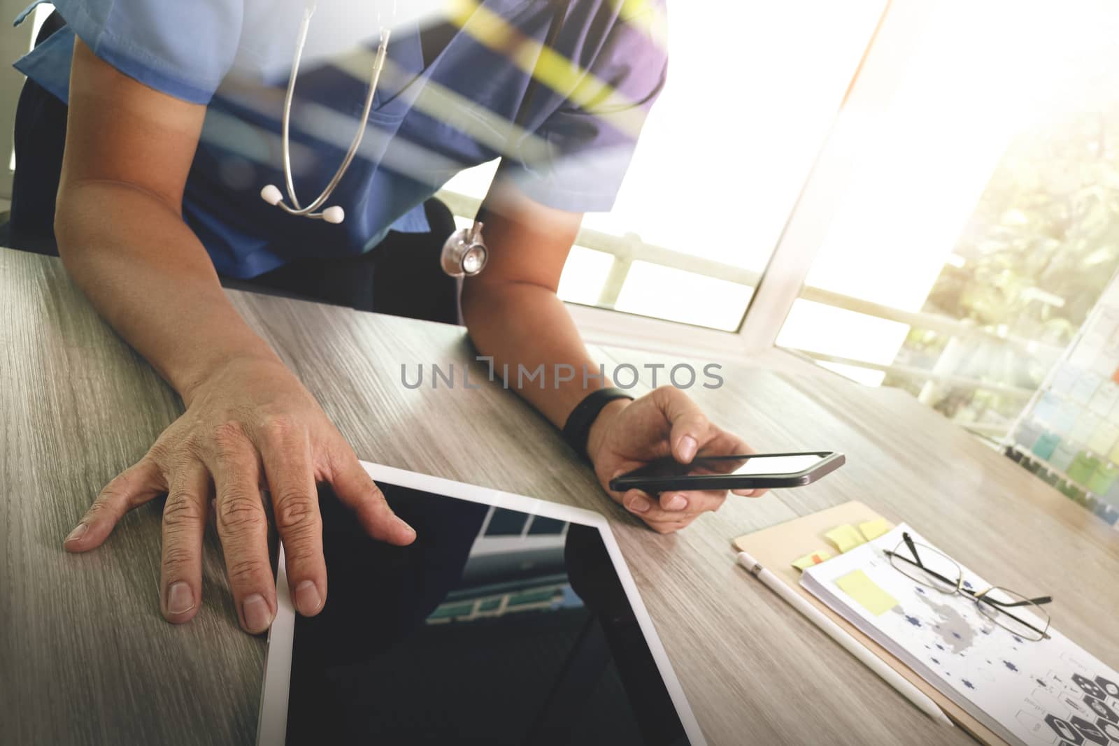 Medicine doctor hand working with modern digital tablet computer interface as medical network concept

