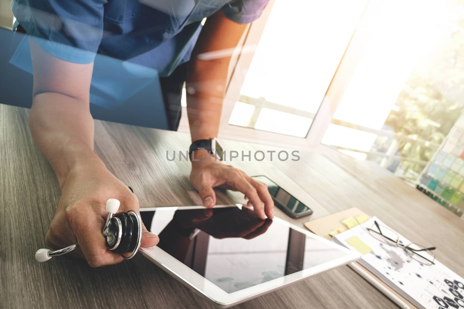 Medicine doctor hand working with modern digital tablet computer interface as medical network concept

