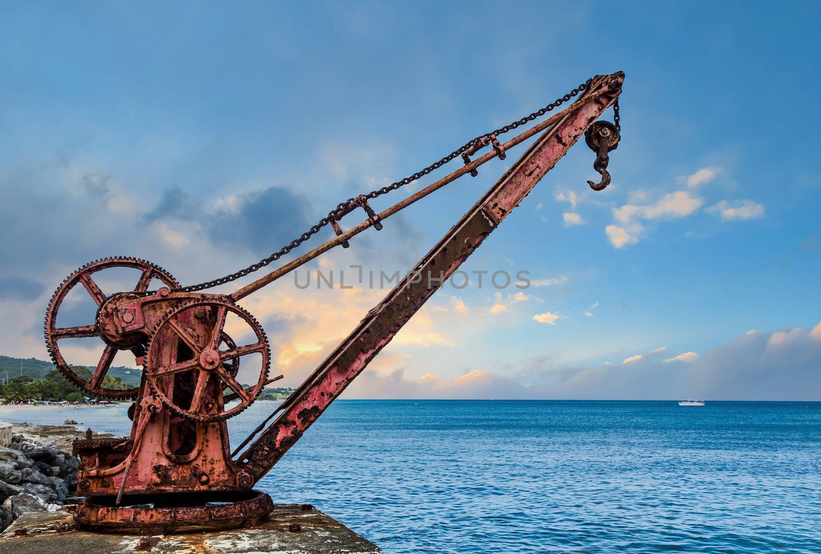 Old Red Rusty Crane by Sea at Dusk by dbvirago