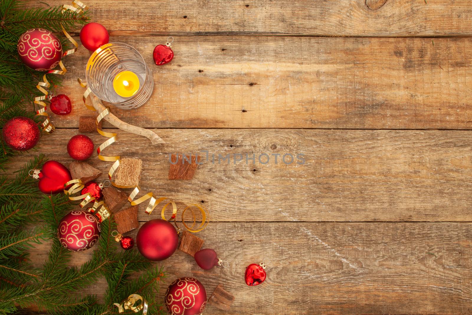 Christmas background with wooden background, pin, christmas balls, flat Design