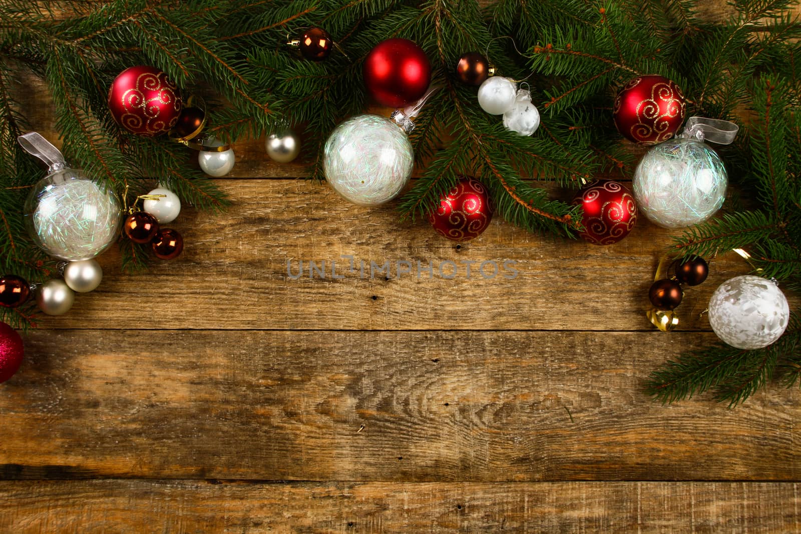 Christmas background with wooden background, pin, christmas balls, flat Design