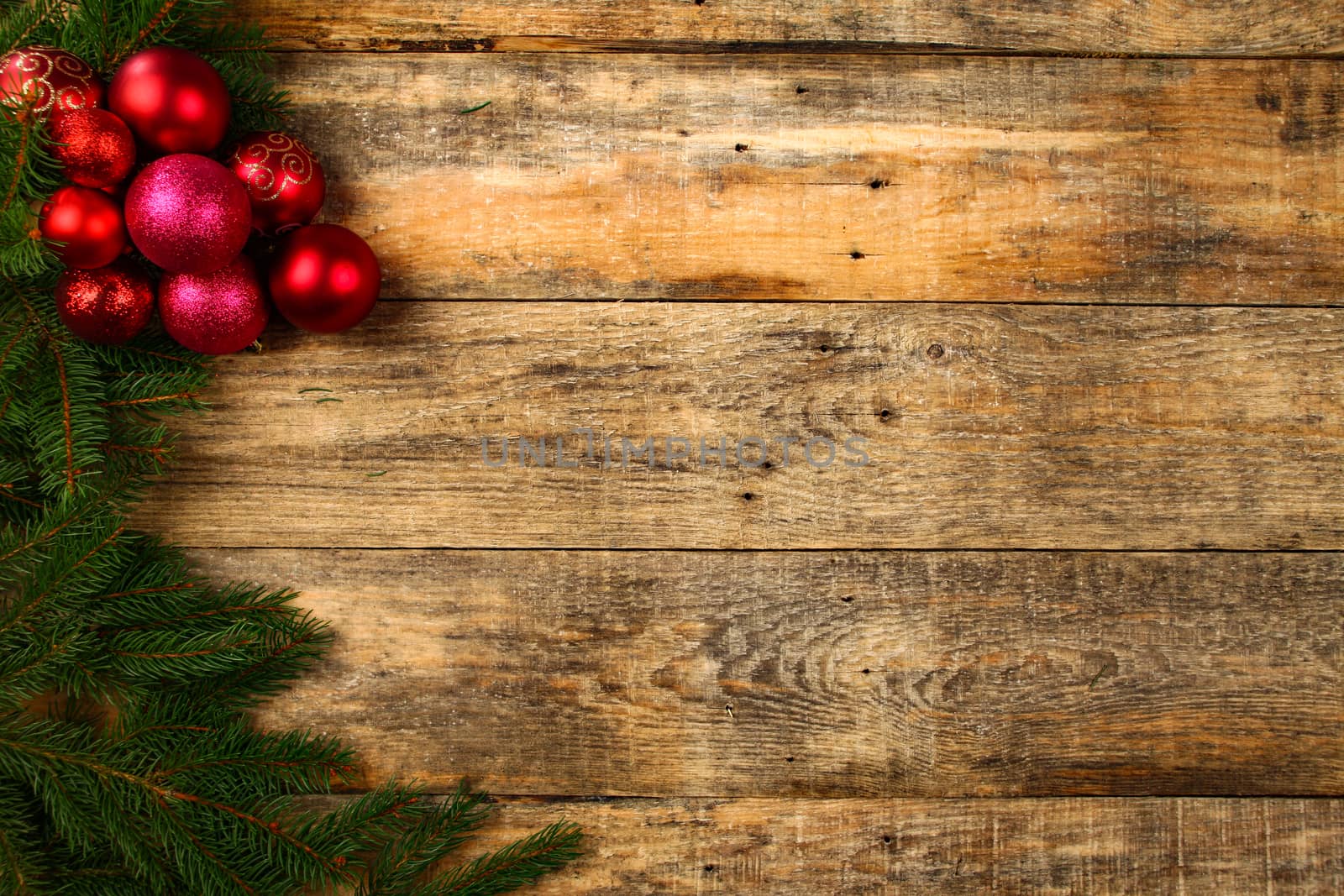 Christmas background with wooden background, pin, christmas balls, flat Design