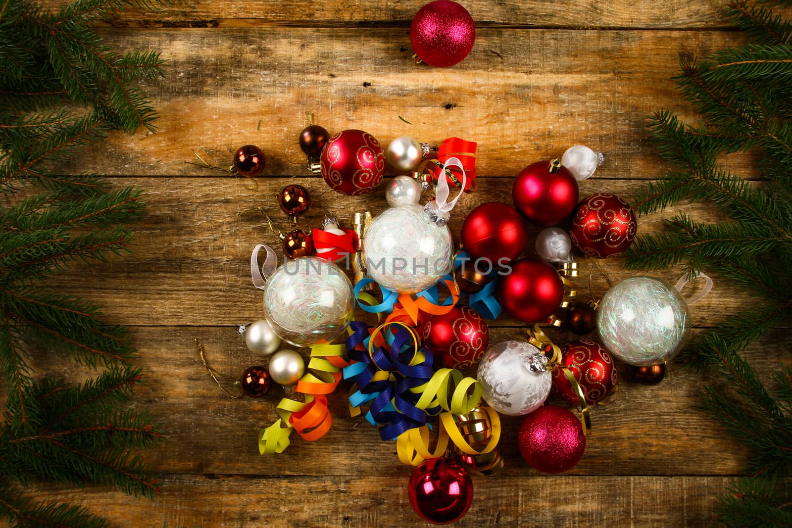Christmas background with wooden background, pin, christmas balls, flat Design