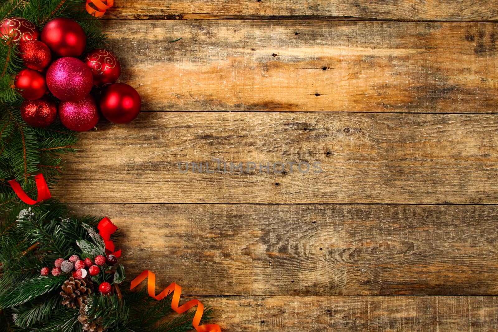 Christmas background with wooden background, pin, christmas balls, flat Design