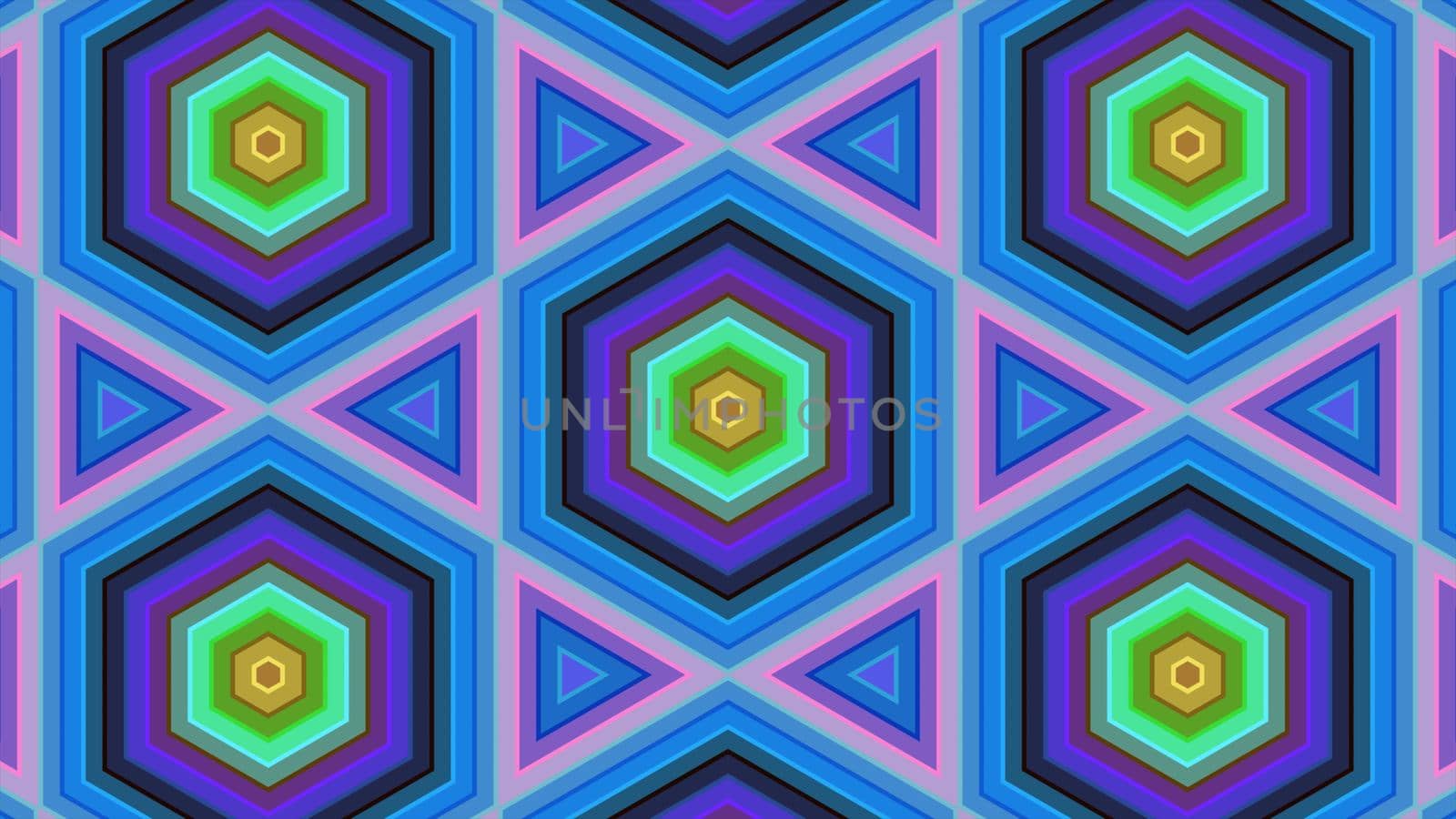 Abstract background of colorful hexagon and different surrounding rings. Abstract hexagon background.