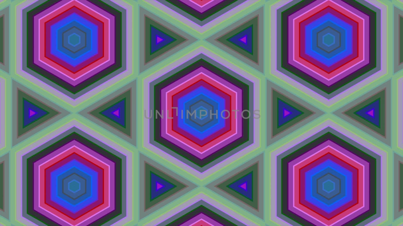 Abstract background of colorful hexagon and different surrounding rings. Abstract hexagon background.