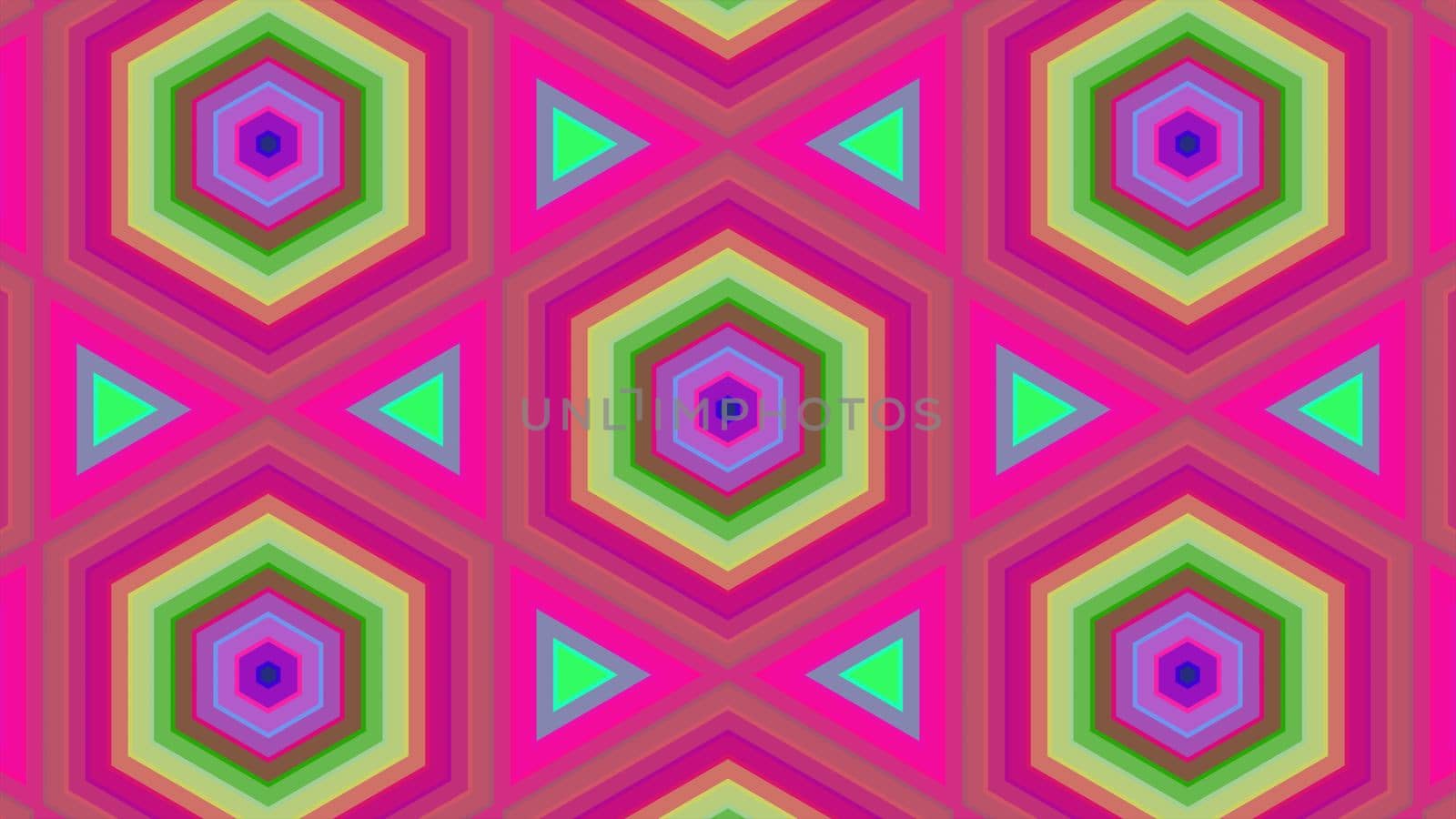 Abstract background of colorful hexagon and different surrounding rings. Abstract hexagon background.