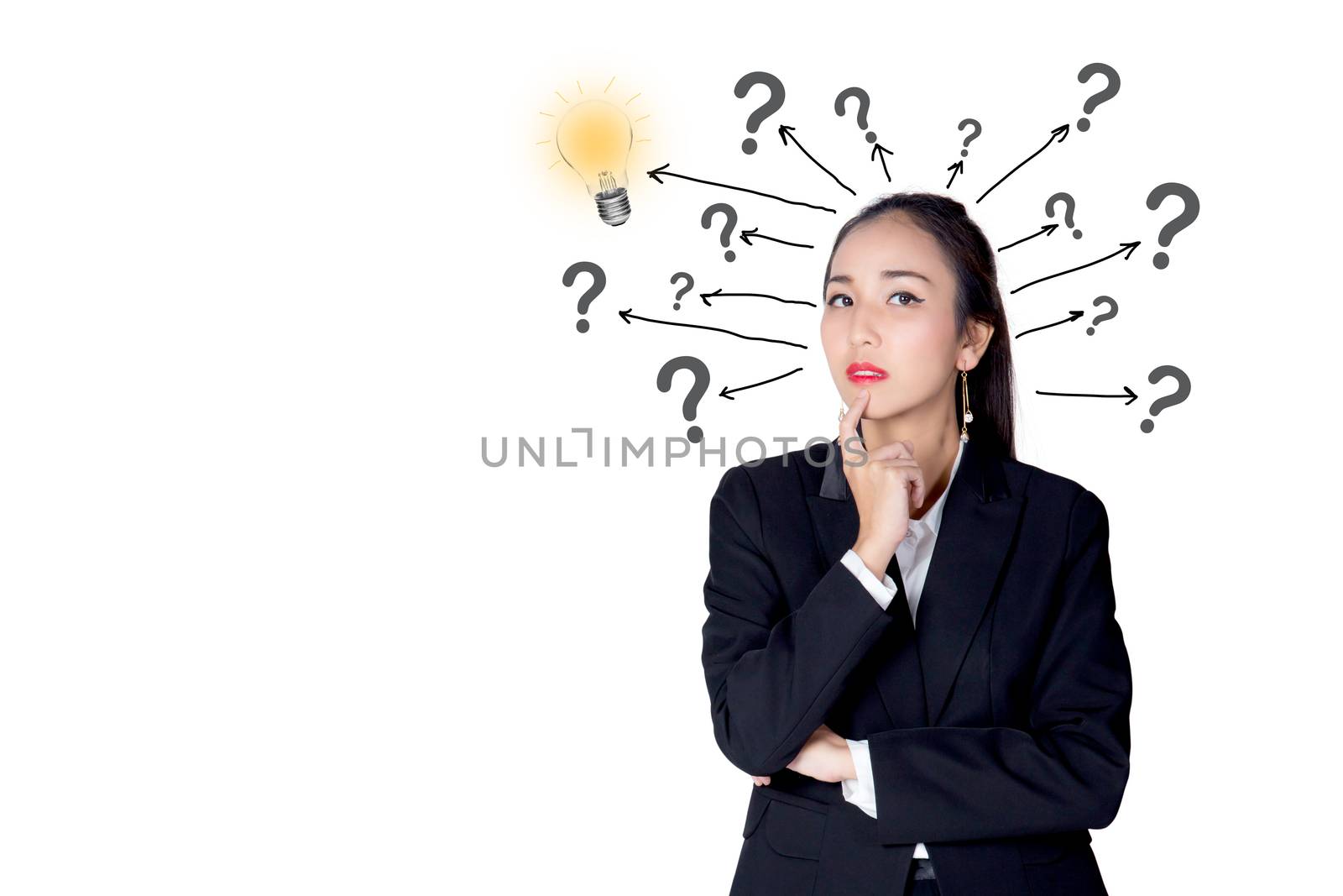 woman is standing with a light bulb and question marks isolated on white background