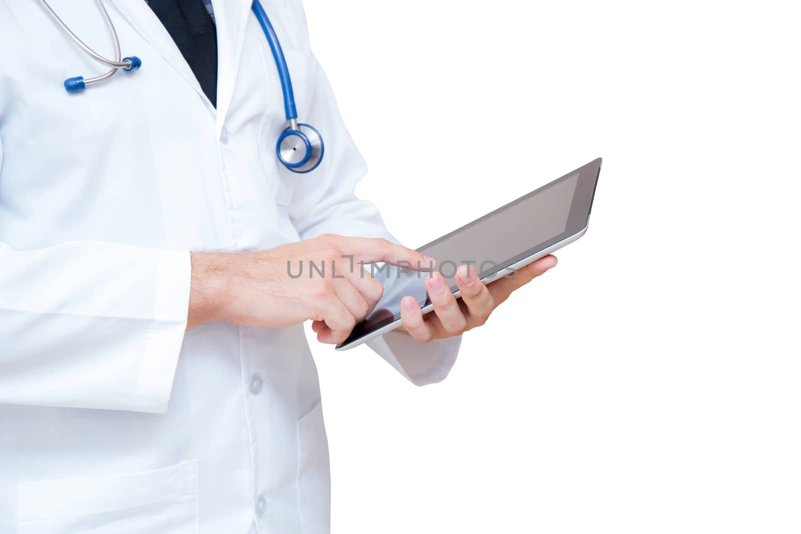 Doctor holding a tablet computer while using it isolated on whit by nnudoo