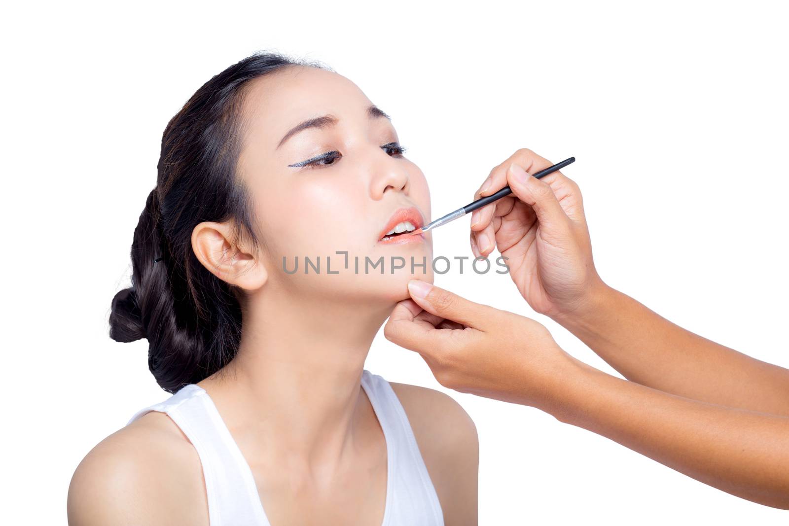 Beautiful Woman With Beauty Face, Sexy Full Lips Applying Lip Balm, Lipcare Stick On. Portrait Of Female Model With Natural Makeup. Lips Skin Care Cosmetics Concept. High Resolution